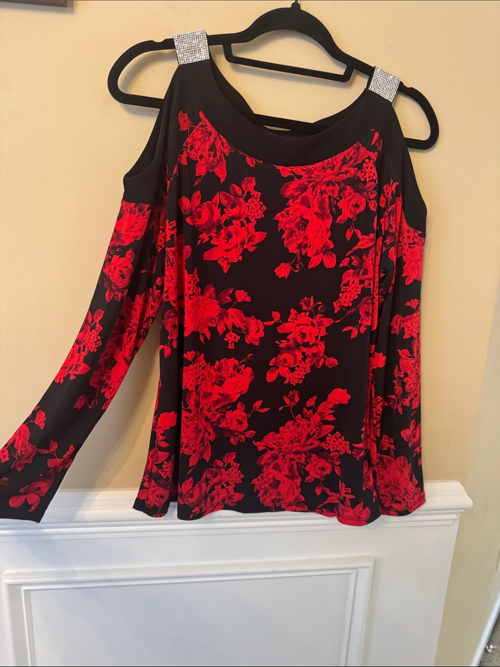 Rhinestone Cold-Shoulder Long Sleeve Floral Top -